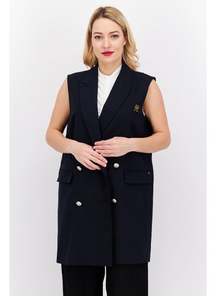 Buy Women Regular Fit Brand Logo Blazer, Navy in UAE