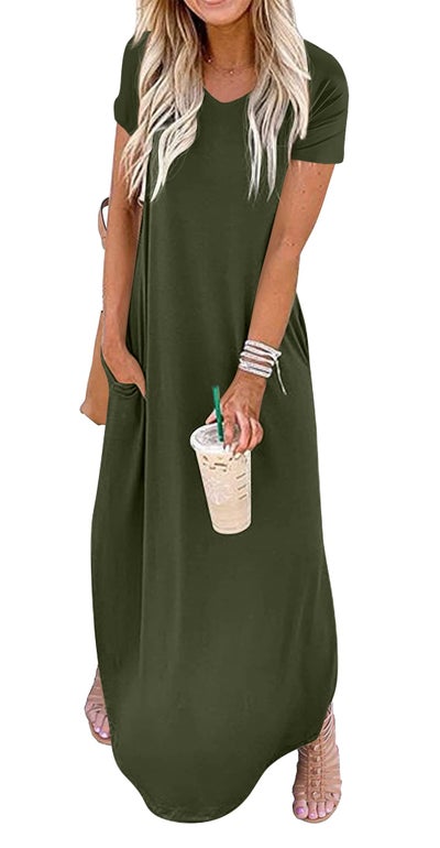 grecerelle women's casual loose pocket long dress GRECERELLE Women Casual Loose Pocket Long Dress Short Sleeve Split Maxi Dress XS