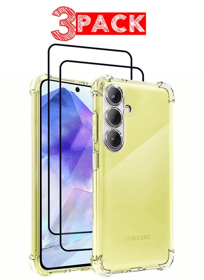 اشتري (for Samsung Galaxy A55) 3 Pack Clear Case and 2 Screen Protectors Scratch Resistant Reinforced Corners TPU Rubber Soft Skin Protective Cover في الامارات