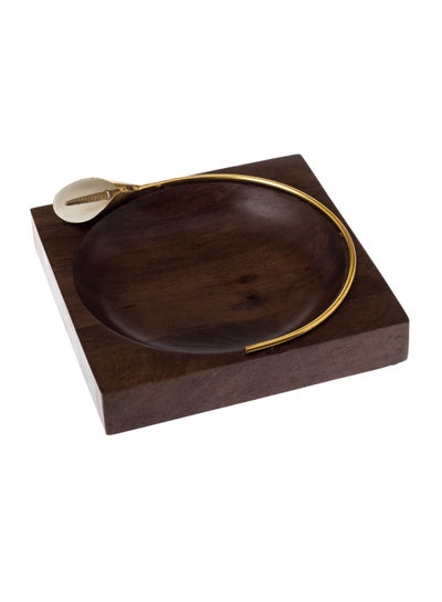 Buy Beech wood square serving dish with rose gold metal decor for multiple uses in Saudi Arabia