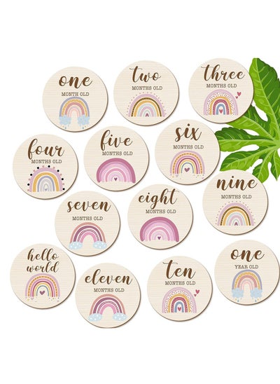 Buy 13 Pieces Wooden Baby Milestone Cards Boho Rainbow Double Sided Printed Milestone Discs Wood Gift Photo Prop Discs Sets Birth Announcement Sign for Baby Shower and Newborn Photo Props in Saudi Arabia