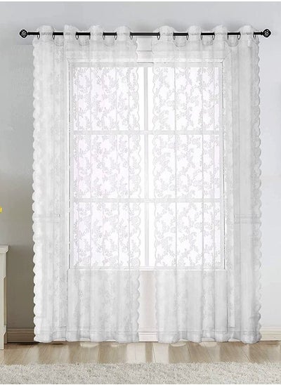 Buy 2-Piece Grommet Rose Lace Light Filtering Sheer Window Curtains for Bedroom Living Room White in Saudi Arabia