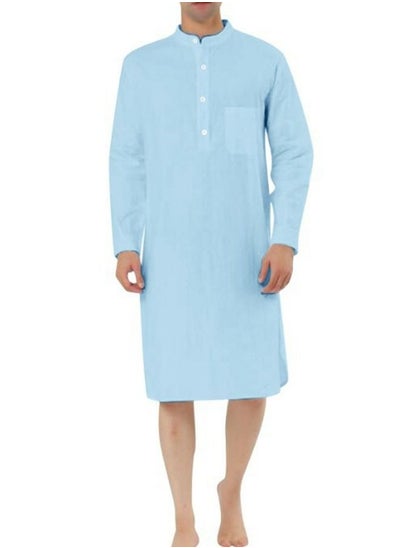 اشتري Men's Muslim Stand Collar Robe Thobe Solid Color Long Sleeve Kaftan Casual Shirt Light Blue في السعودية