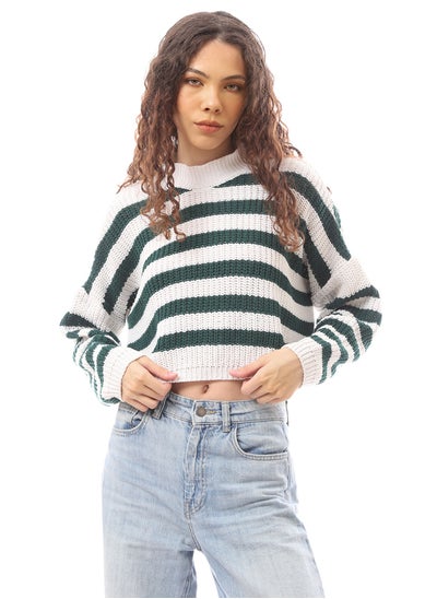 اشتري Cropped Green & White Knitted Pullover في مصر