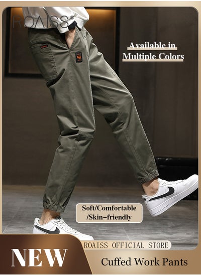 Buy Men Fashionable and Comfortable Cotton Cargo Pants Loose Fit Joggers with Cuffed Ankles Ideal for Sports and Casual Wear in UAE