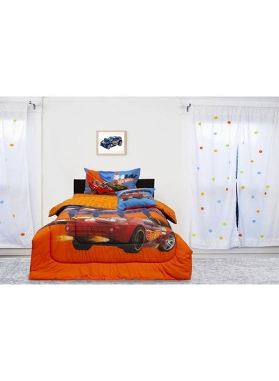 Buy Kidz Klub Hot Wheel Comforter Single 3 pcs set- Fabric: Front 160TC 100% Cotton - Reversible 144TC PC- Comforter 160x230cm + 1pc Pillowcase 50x75cm + 1pc Cushion Cover 40x40cm , Orange in UAE