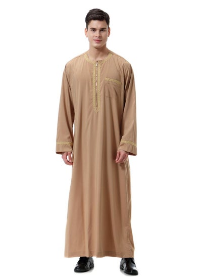 اشتري Mens Jacquard Muslim Clothing Long Sleeve Kaftan Robe With Pockets And Zipper Islamic Arabic Abaya Clothes Camel Color في الامارات