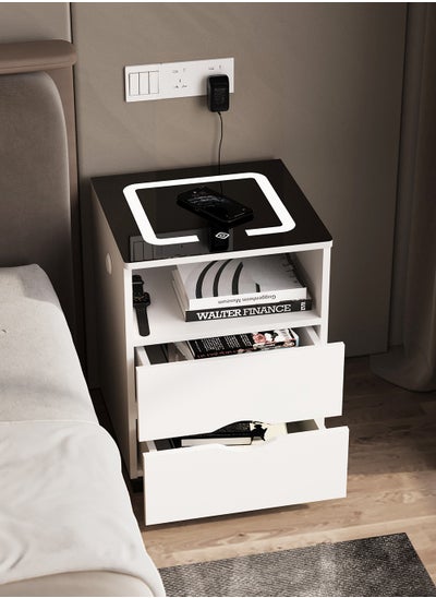 Buy Smart Nightstand with 15W Wireless Charging 3 Levels Adjustable LED Lights And USB Ports Tempered Glass Top and 2 Drawers For Bedroom in Saudi Arabia