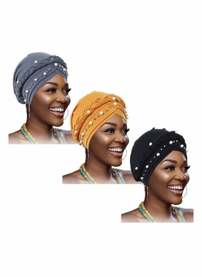 اشتري African Turban Head Wraps Pearls Head Scarf Braid Pre-Tied Soft Head Cover Cap Headwear for Women and Girls (Pack of 3) في الامارات