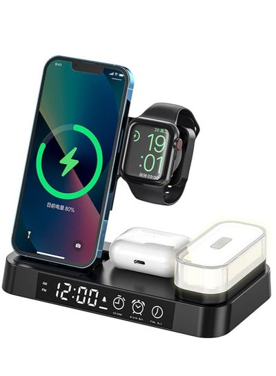 Buy Wireless Charger, 4 in 1 Wireless Charging Station with LED Night Light, Digital Clock, Alarm Clock, for Apple iPhone, for Samsung Galaxy, and All Qi-Enabled Devices (Black) in UAE