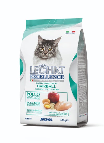 Buy Lechat Excellence by Monge | Hairball Control | Cat Dry Food with Chicken, Rice, Egg and Apple | Super Premium Complementary Dry Cat Food - 400g in UAE