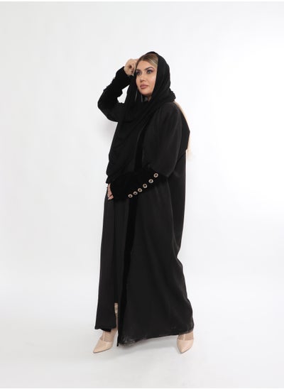 اشتري Black Abaya Wrapped With Velvet Sleeves Decorated With Buttons في السعودية