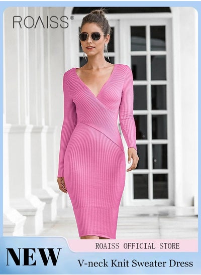 Buy Women Knitted Long Sleeved Dress V Neck Design, Slim Waist, Women Retro-Style Long Dress, Solid Color Design, Comfortable And Skin Friendly Fabric in UAE