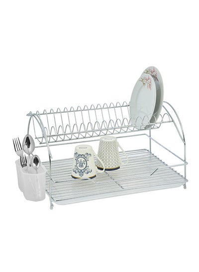 Buy Jasmine 2 Tier Plate Drying Drainer Rack Chrome Plated With Drain Board And Cutlery Basket Silver 47x36x27cm in UAE