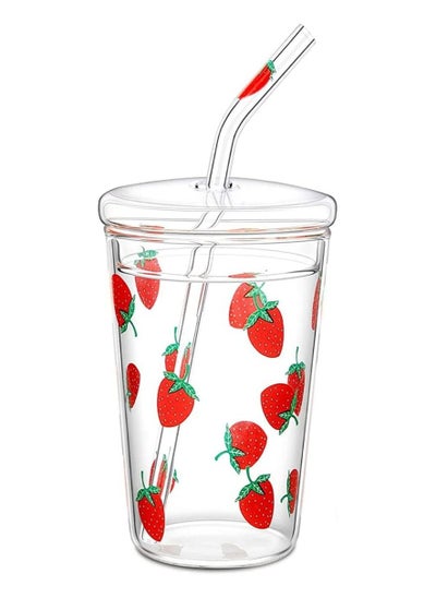 اشتري Glass Water Cup, Milk Cup with Straw and Lids, Reusable Double-Wall Coffee Cup, Heat Resisting Cute Clear Milkshake Cup, for Juice Milk Hot Cold Water, Tea, Matcha, 300ml Travel Cup (Strawberry L) في الامارات