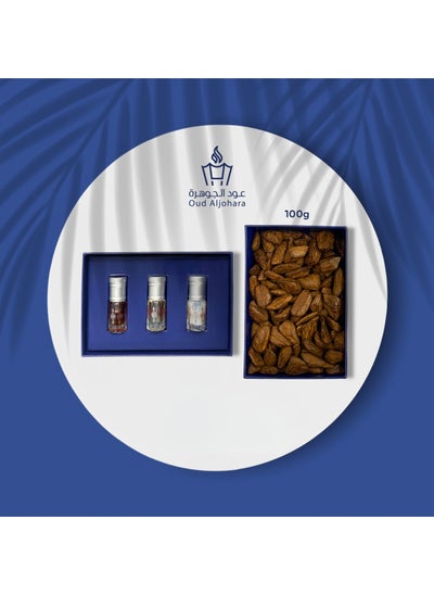 Buy Oud Moroki 100 g and Package Consists of White Musk 3 ML, Premium Rose Oil 3 ML and Royal Blend 3 ML in Saudi Arabia