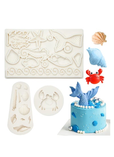 Buy Marine Silicone Moulds Set for Baking and Cake Decoration - Mermaid, Seashell, Crab, Starfish, Fish, Seahorse - 3 PCS Sugarcraft Tools for Adults in Saudi Arabia