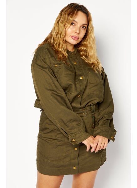 اشتري Women Solid Shirt Dress, Olive في السعودية