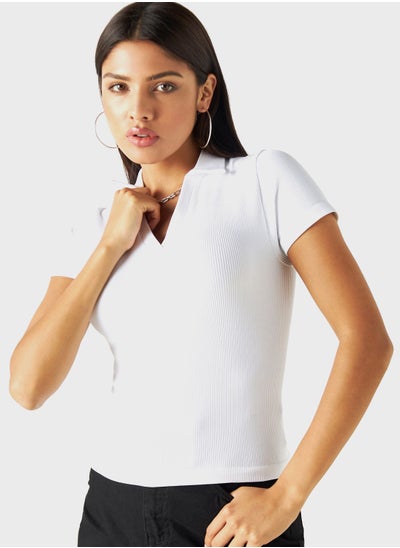 Buy Polo Neck Ribbed T-Shirt in UAE