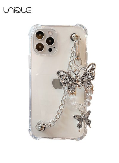 اشتري Girls Women Beautiful Elegant Butterfly Transparent Soft Silicone Rubber Phone Case for iPhone 15 Pro Max +Metal Butterfly Strap Bracelet Chain Lanyard Full Body Strong Protection في الامارات