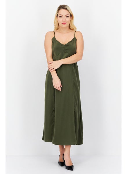 Buy Women Solid Midi Casual Dress, Olive in Saudi Arabia