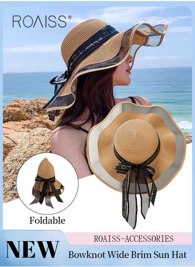 Buy Bohemian Wide Wave Brim Sun Hat Foldable Sun Visor Bowknot Summer Beach Straw Hat for Women Khaki in UAE