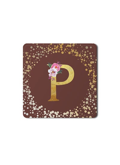 اشتري Designer Leather Coasters Mat for Beverage Drinks- Custom Monogram Initial Letter Floral Pattern Alphabet - P (Brown) في الامارات