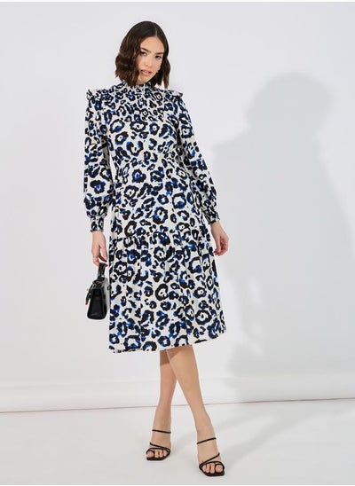 Buy Abstract Print Shirred A-Line Midi Dress in Saudi Arabia