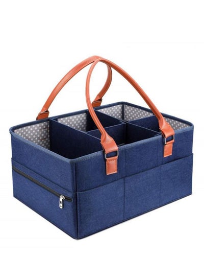 اشتري Baby Diaper Caddy Bag With Zipper Lid And Leather Handle Dark Blue في الامارات