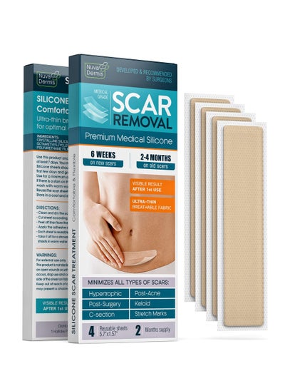 Buy NUVADERMIS Silicone Scar Sheets - Dermatologically Tested in USA - As Surgical Cream, Gel, Tape, Strips, Patches - Keloid, C-Section, Tummy Tuck - Surgery Scars Removal Treatment - 4 Pack 5.7"x1.57" in Saudi Arabia