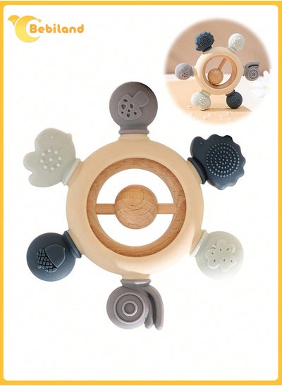 Buy Silicone Baby Rudder Shaped Teething Toy with Wooden Ring for Soothe Babies Gums Grey in Saudi Arabia