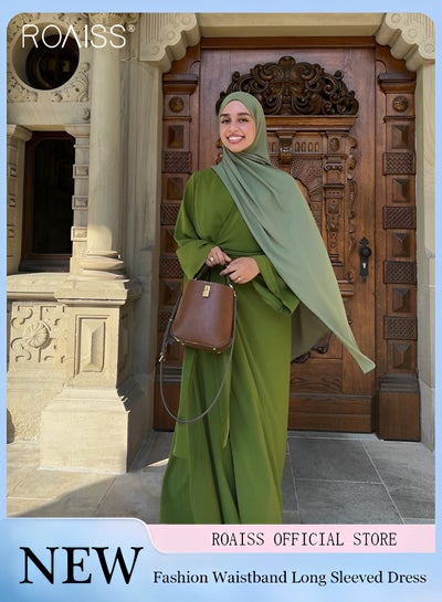 Buy Women's Chiffon Muslim Dress Fashionable Loose Fitting Long Sleeved Banquet Dress Temperament Versatile Waist Tightening A-Line Dress in UAE