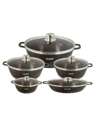 Buy 10 pieces Granite Coated Cookware Set with Glass Lid Black/Red/Clear in UAE