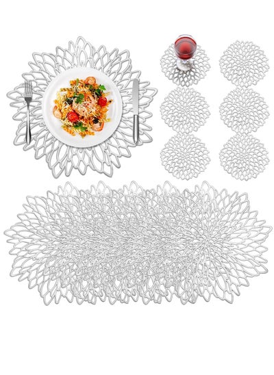 اشتري Round Placemats Set of 6 for Dinner Table Hollow-Out Vinyl Place Mats Round Placemats Laminated Plastic Morden Dining Table Decoration for Kitchen Table Decor (Silver) في الامارات