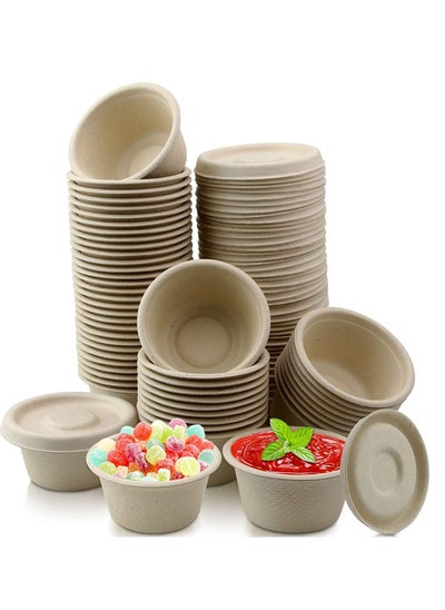 Buy Natural Bagasse Fiber Bowls, Small Disposable Paper Bowls Cups Souffle Cups and Lids for Sauce Portion Sample Snack (50 Sets 2oz) in UAE