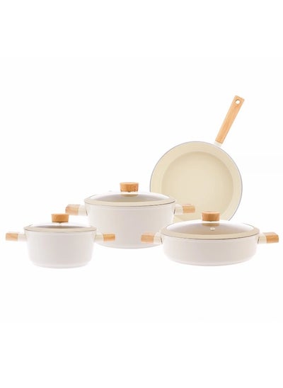 Buy 7-Pieces Swiss Crystal High Quality Ceramic Coating Non-Stick Cookware Set - Glass Lids With Protective Silicon Edge - Natural Wood Handles and Knobs - 2 Deep & 1 Low Casseroles - 1 Frypan - Beige in UAE