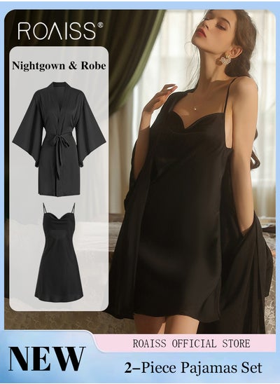 Buy 2-Piece Set of Women Pajamas with V-Neck Design Women Home Wear Set Same Color Outer Robe and Lace Element Nightgown in UAE