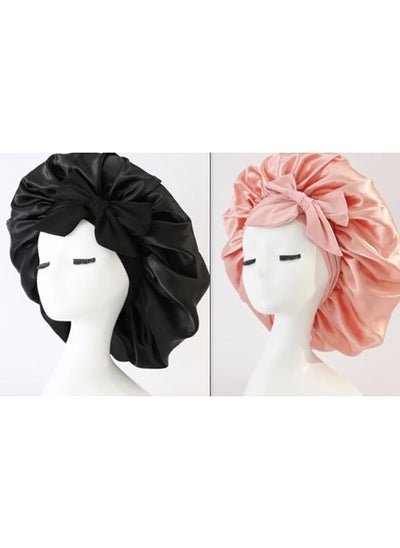 Buy High Stretch Hair Care Nightcap, Double Layer Silky Satin, Adjustable Drawstring Shower Cap 2Pcs Black+Pink in UAE