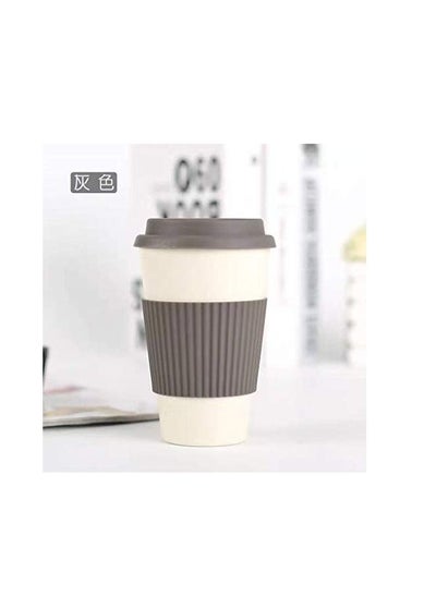 Buy Eco-Friendly Bamboo Fiber Reusable Coffee Cup with Lid & Silicone Grip for Travel To Go, Sustainable Organic Bamboo Fiber BPA Free Dishwasher and Microwave Safe Portable Eco Cup, 13-Ounce (Plain/Grey) in UAE