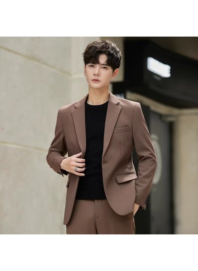 Buy Mens Korean Slim Fit Casual Blazer Jacket Brown in Saudi Arabia