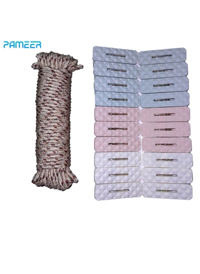 Buy 20-Pcs Plastic Clothes Pins Cloth Pegs with 10 Meter Nylon Rope, Rust, and Moisture Resistant PVC Craft Clothes Clips Durable Hold Strong Grip Metal Pin Laundry Cloth Drying Pegs Pack. in UAE