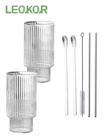 Buy 2Pcs Clear Glass Coffee Cups with Spoon, Straw and Cleaning Brush in Saudi Arabia