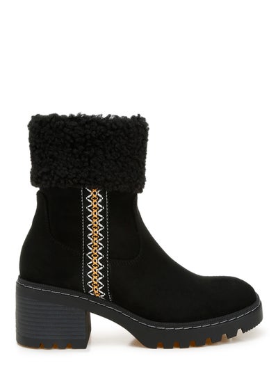 Buy Faux Fur & Embroidery Detail Boots in Black in UAE