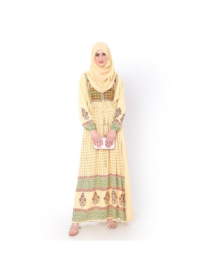 Buy YELLOW COLOUR VISCOSE DRESS WITH MULTICOLOUR EMBROIDERED ARABIC JALABIYA DRESS in UAE