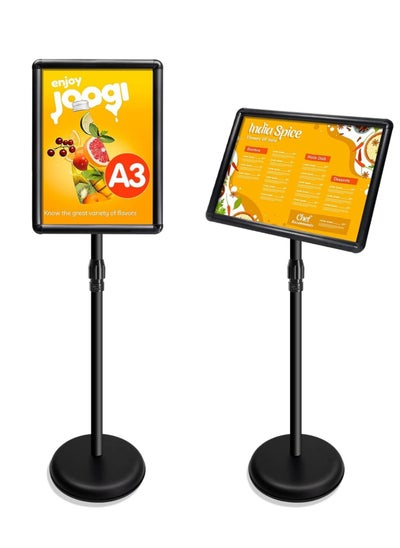 اشتري A2 Sign Stand Adjustable Poster Aluminum Snap Frame Menu Replaceable Advertising Rack Floor Display Stands with Safety Corner and Stable Round Base (Black, A2) في السعودية