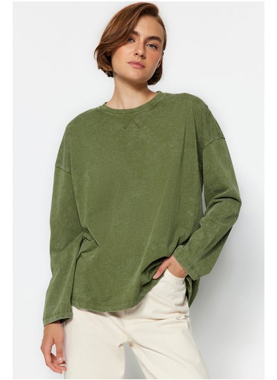 Buy Khaki Worn/Faded Effect Relaxed/Comfortable fit Crew Neck Long Sleeve Knitted T-Shirt TWOAW24TS00006. in Egypt