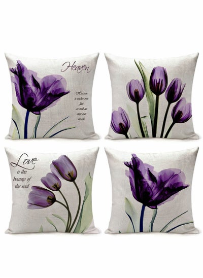 اشتري Cushion Covers Throw Pillow Set of 4, Purple Flower Pattern for Home Sofa Art Living Room Outside Office Decorative with Durable Thick Linen Square 18 x18 inch 45x45cm في الامارات