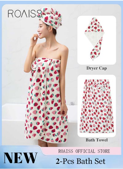 Buy 2 Pcs Cute Bath Set for Women 1 Coral Fleece Bath Towel Wrap Dress with Bow and 1 Super Absorption Hair Drying Cap Sets Thickening Tube Top Bath Skirt and Towel Hat Suit with Cute Strawberry Print in UAE