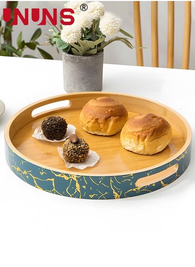 اشتري Serving Tray,Round Bamboo Serving Tray With Handle,Farmhouse Rustic Serving Tray For Coffee,Food,Breakfast,Dinner,30x30x4CM في الامارات