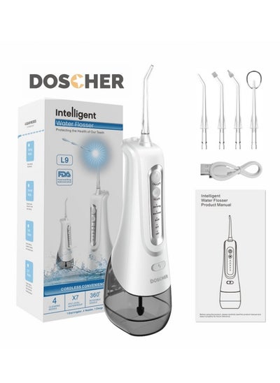 Buy L9 Water Dental Flosser Teeth Pick - Stylishly Designed, Cordless & Portable, 4 Modes for Optimal Oral Health, 4 Replaceable Jet Tips, IPX7 Waterproof for Home and Travel, 300ml White in Saudi Arabia